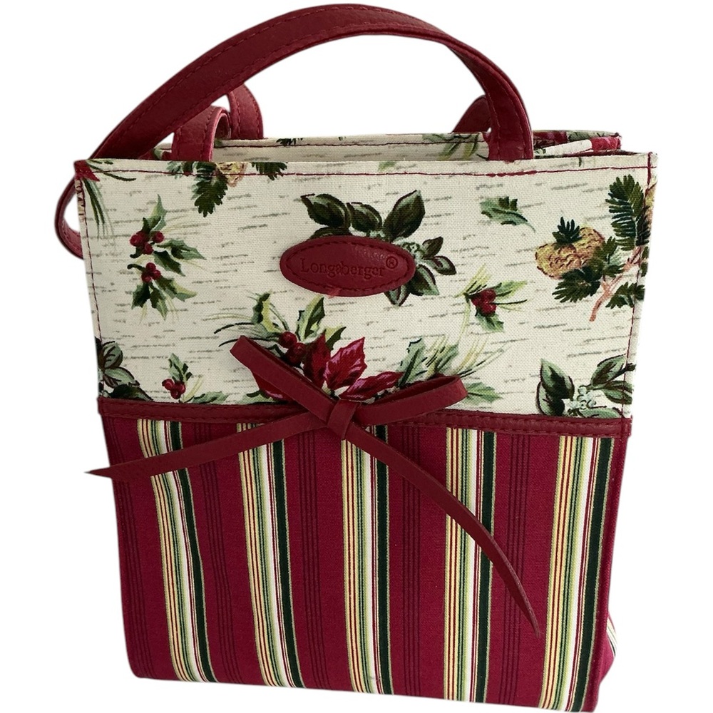 Longaberger 1990s Striped Christmas Tote Bag Red Green Holiday Carryall